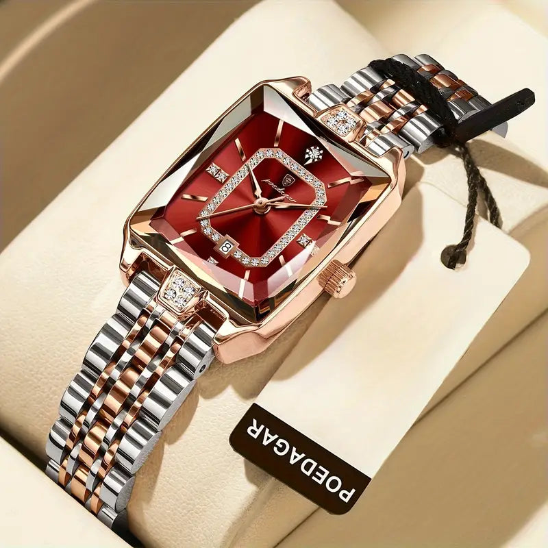 Women’s Luxury Waterproof Watch – Elegant Rectangular Stainless Steel Quartz Watch with Date Display, Zinc Alloy Case & Stylish Bracelet Strap