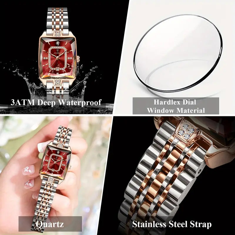 Women’s Luxury Waterproof Watch – Elegant Rectangular Stainless Steel Quartz Watch with Date Display, Zinc Alloy Case & Stylish Bracelet Strap