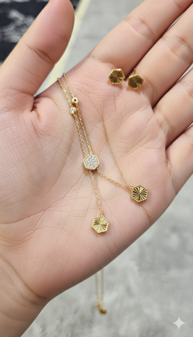 Elegant Hexagon Gold Necklace & Stud Earrings Set ✨ | Minimalist Geometric Jewelry for Women | Perfect Gift