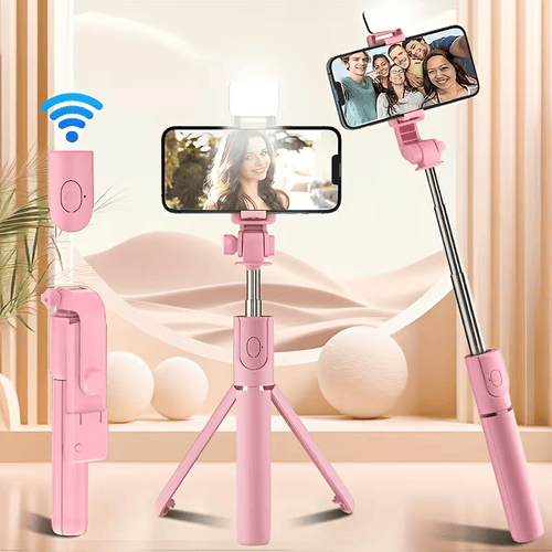 3-in-1 Telescopic Selfie Stick with Tripod & Wireless Remote-Pink