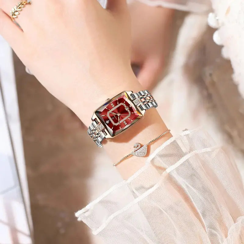 Women’s Luxury Waterproof Watch – Elegant Rectangular Stainless Steel Quartz Watch with Date Display, Zinc Alloy Case & Stylish Bracelet Strap